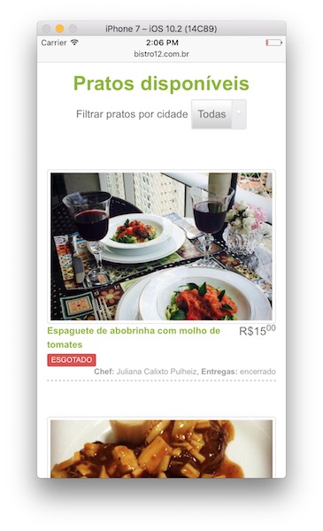 Initial page showing meals - Mobile